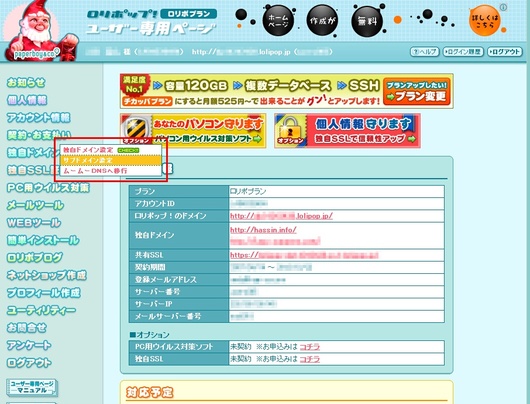 ロリポップ　サブドメイン設定選択